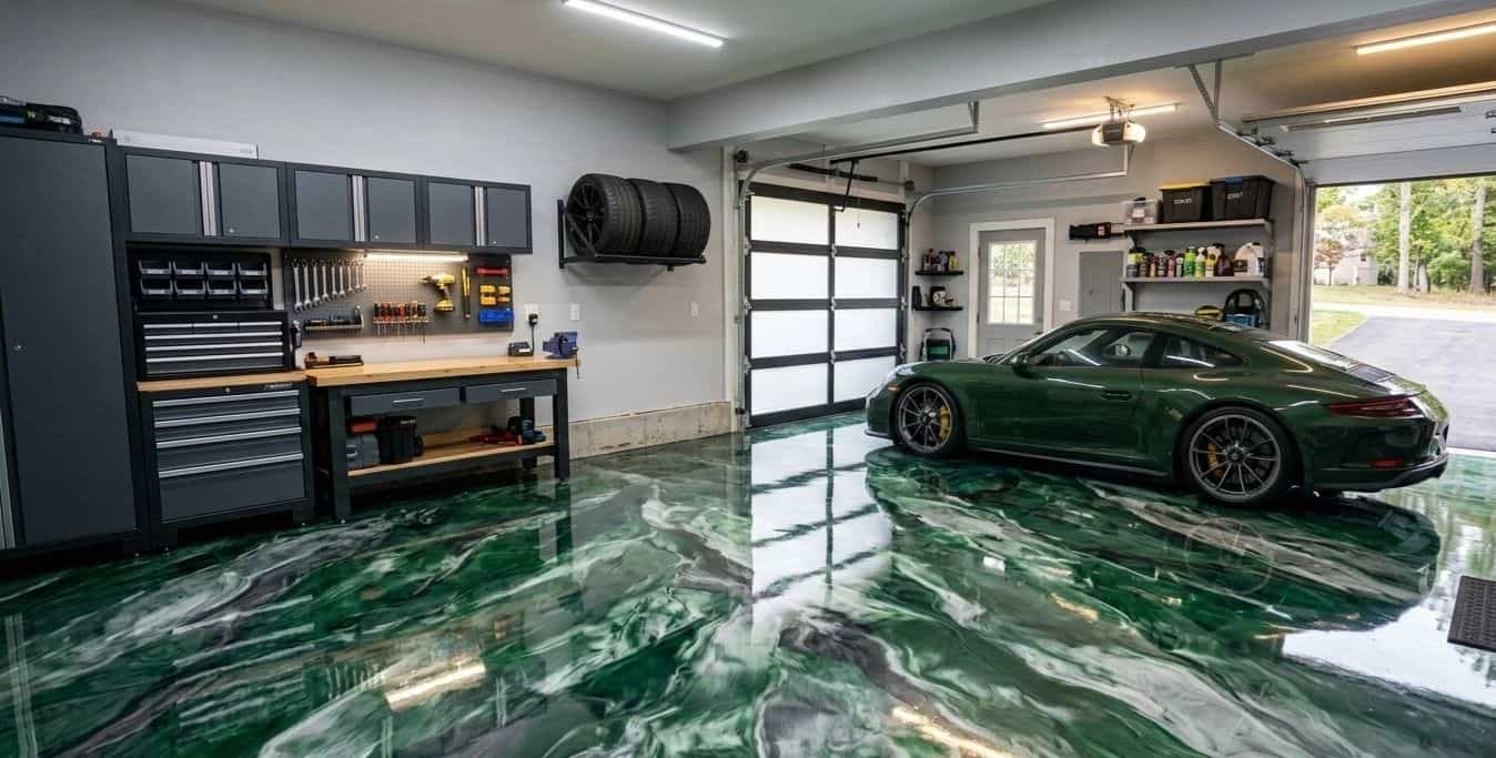 Hochglänzender Metallic-Epoxidboden in einer privaten Garage