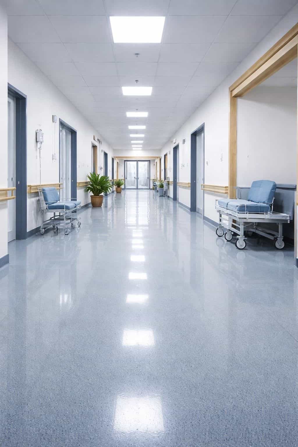 Fugenloser, spiegelnder Bodenbelag in einem Klinikflur