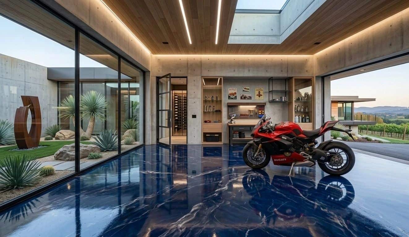 Garagenboden in blauer Metallic-Optik, spiegelnd versiegelt