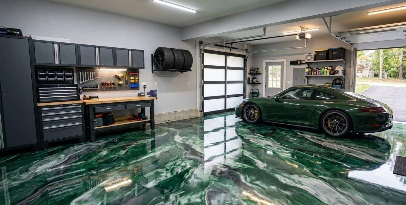 Garagenboden in grüner Metallic-Optik mit spiegelnder Versiegelung