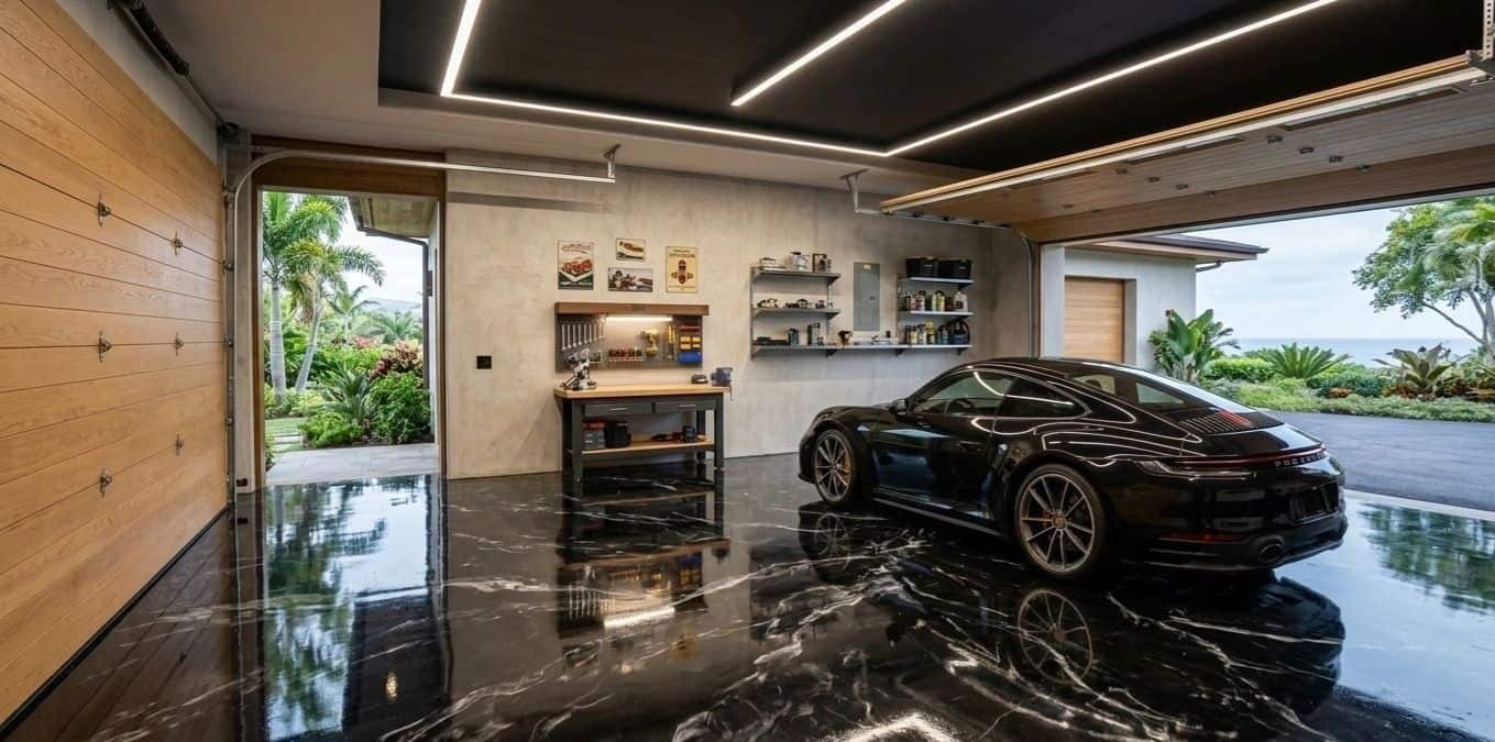 Garagenboden in schwarzer Metallic-Optik mit tiefer, spiegelnder Oberfläche