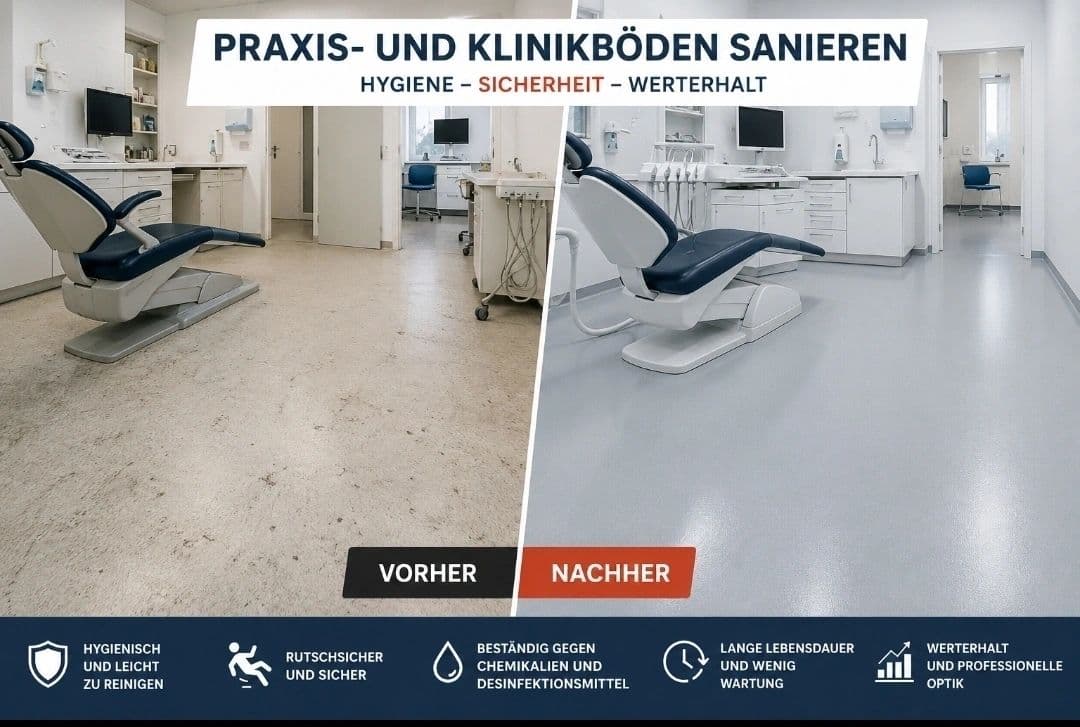 Praxisboden im Vergleich: links der vergilbte Altbelag, rechts die neue graue Beschichtung