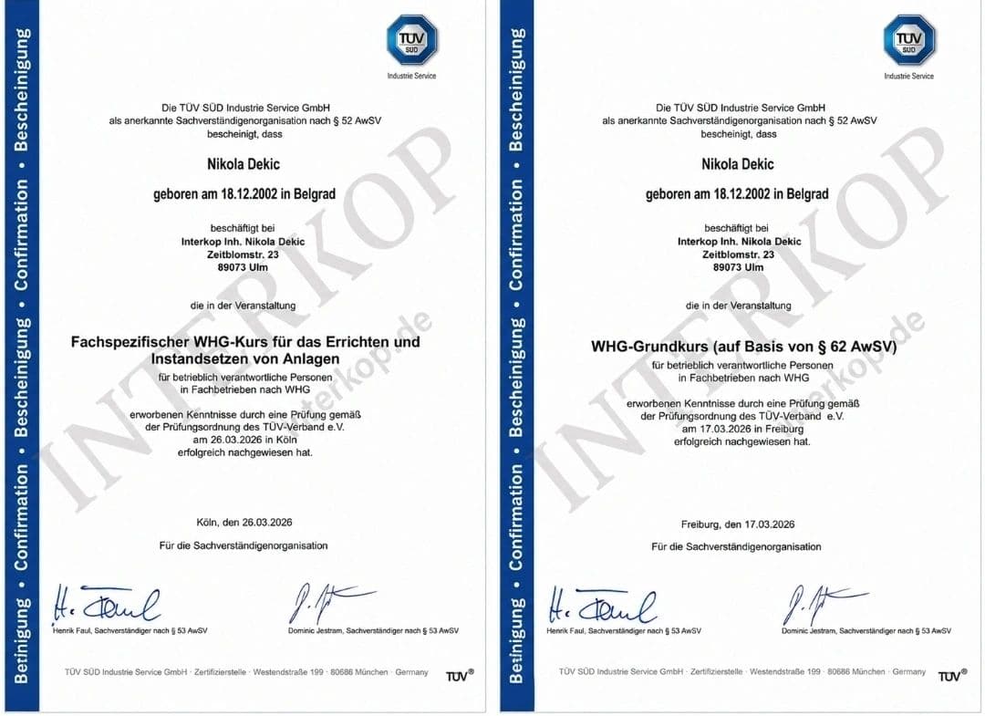 Zwei Bescheinigungen der TÜV SÜD Industrie Service GmbH für Nikola Dekic dipl. El. Ing.: WHG-Grundkurs nach §62 AwSV und fachspezifischer WHG-Kurs für das Errichten und Instandsetzen von Anlagen