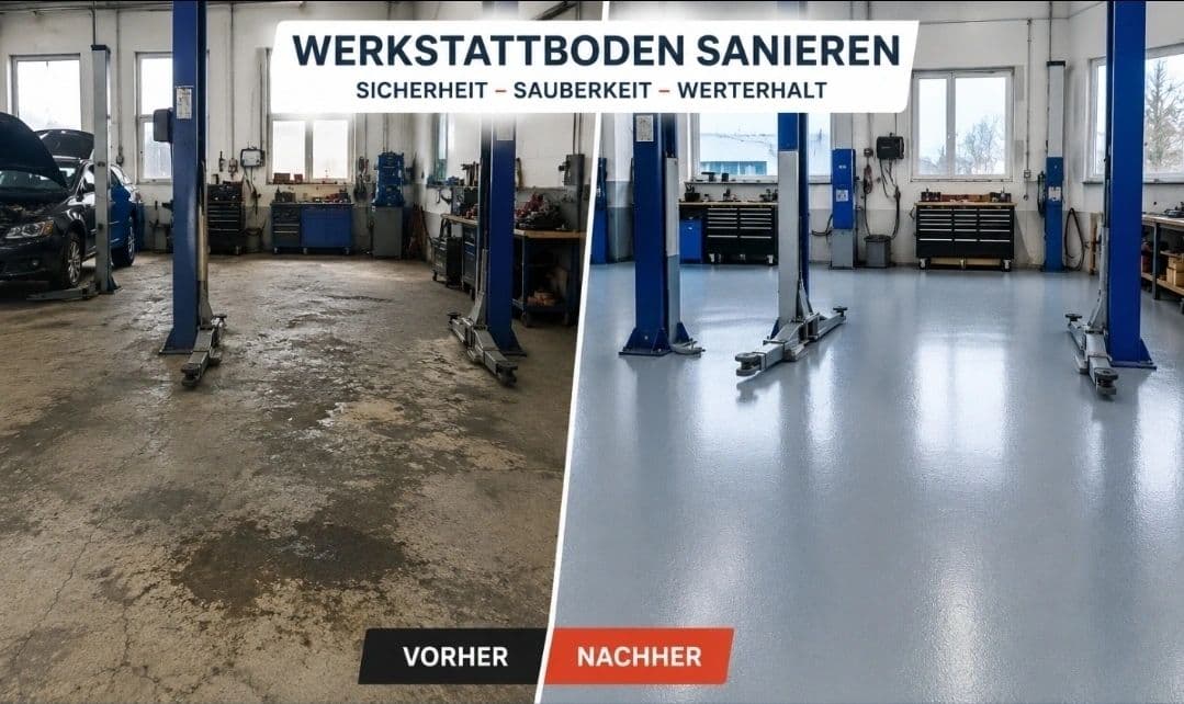 Werkstattboden im Vergleich: links aufgerissener öliger Beton, rechts die neue graue Fläche